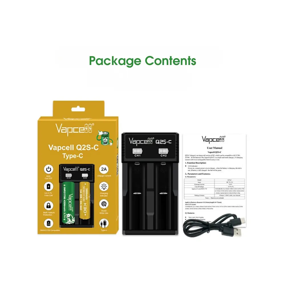 Vapcell Q2S-C Dual Bay Battery Charger - Contents | The Puffin Hut